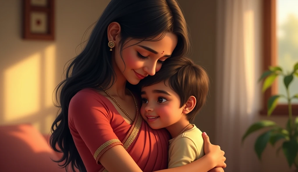 An Indian woman cuddles her son at home background blur