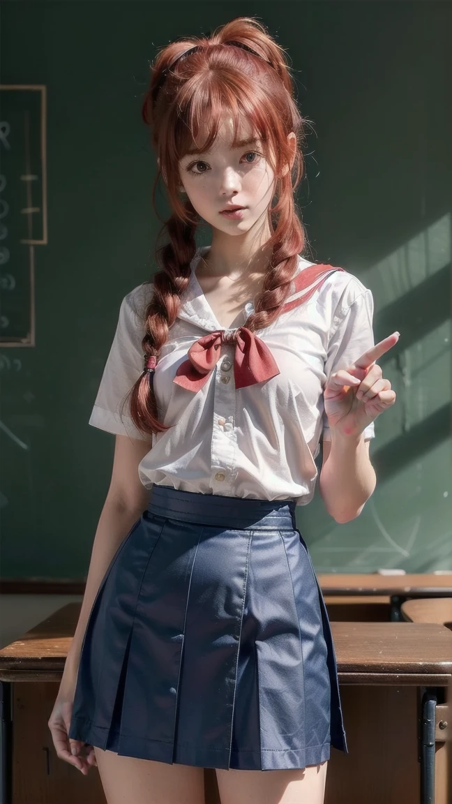 ((top quality, ultra-detailed, high resolution, extremely detailed CG, unity 8k wallpaper, by famous artist, perfect anatomy, super detailed skin, cinematic lighting, UHD, retina, anatomically correct, 1080P)), (Please draw a single one happy girl walking in a classroom school :1.3), ((1girl)), (Solo, face,:2.0), a , ((cute petit girl, chibi, babyface)) androgynous charm, (Medium hair, ((full red hair)) ((redhead)), pigtails, straight bangs, with a bow in her hair, ((very thin legs)), ((skinny legs, thin body, small build)), Full limbs, complete fingers, ((perfect fingers and hands)), flat chest, small breasts, childish body, small butt, groin, Beautiful detailed full yellow gold eyes, perfect eyes, sailor , ((blue skirt)) and white blouse, ((red bow on the blouse)), blue sailor collar, short sleeves, without stockings, (Detailed Lighting), ((classroom background)), (Detailed scenary background), ((in the school zone)), full body view, ((standing)), legs. Cute, kawaii single girl (one girl), full body shot. ((Background is the school)), front body, ((left hand up, right hand down)), ((little young  body:1.3)), ((perfect hands and fingers:1.0))