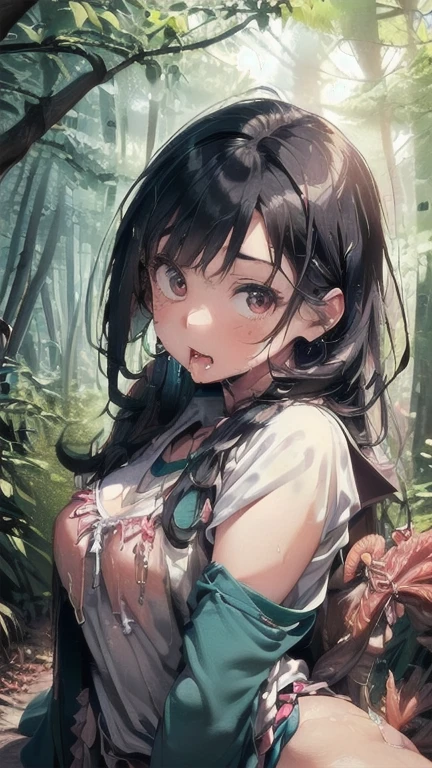 (must be follow these prompts:2.2),masterpiece,best quality,extremely detailed,(in her clothing:2.5),(in her adventure's wear clothing:2.6),(adorable expression:2.6),(usual face:2.6),(pretty face:2.4),(displayed one girl on single picture:2.6),(A cute female college student who belongs to a university exploration club:2.1),(The female college student was exploring the forest alone, wearing her exploring clothes.:2.4),(The female college student was alone while exploring when she was caught by a lustful tentacle that wanted to have sex with her.:1.5),(The female college student had her limbs entangled by the tentacles that wriggled lasciviously deep in the forest.:1.5),(The female college student's expedition clothes are covered in milky, mucus-like fluid secreted by lascivious tentacles.:1.8),(The female college student had semen repeatedly poured into her vagina.:1.8),(The female college student's body is seen being captured by the tentacles.:1.8),(The female college student has a very pretty face and is very .:2.6),(Lewd love juices were dripping down the inner thighs of the college girl's expedition pants.:1.3),(A female college student whose panties are sticky and round and smelly:1.8),(she was already stroked up to the depth intervaginal sensuous spot:1.8),(A young, shy moan:1.5),(having big breasts in her clothing:2.8),(The female college student is short but has a slightly plump body.:2.1),(A moan filled with childish embarrassment:1.5),(The female college student has short, thick legs.:2.2),(she looks like japanese idol:2.3),(The female college student's expedition clothing is made of durable fabric that will never tear.:3.3),(Her breasts are completely hidden under her clothes:1.9),(she looks like a lolita:2.0),(These were all things that happened to the female college student herself, and no one else.:3.5),(Make sure to depict the face:5.3),(Calm expression:4.3),(Innocent face:3),(The film depicts just one female college student.:3.3),(The only characters that appear are the female college student and the tentacles.:4.2),(Portrait Style:5)