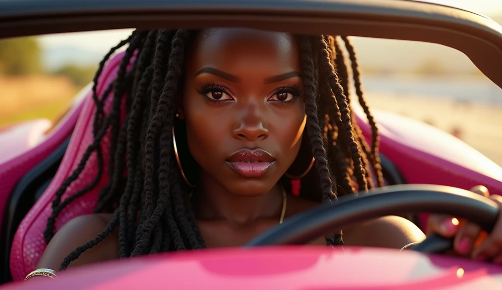 A close up of stunningly beautiful dark skinned African American woman with long brown dreadlocks with highlights on the ends Driving a sparkly pink lamborghini on a beautiful summers day, looking at the camera in a sexy & sensual gaze, realistic, photorealistic
