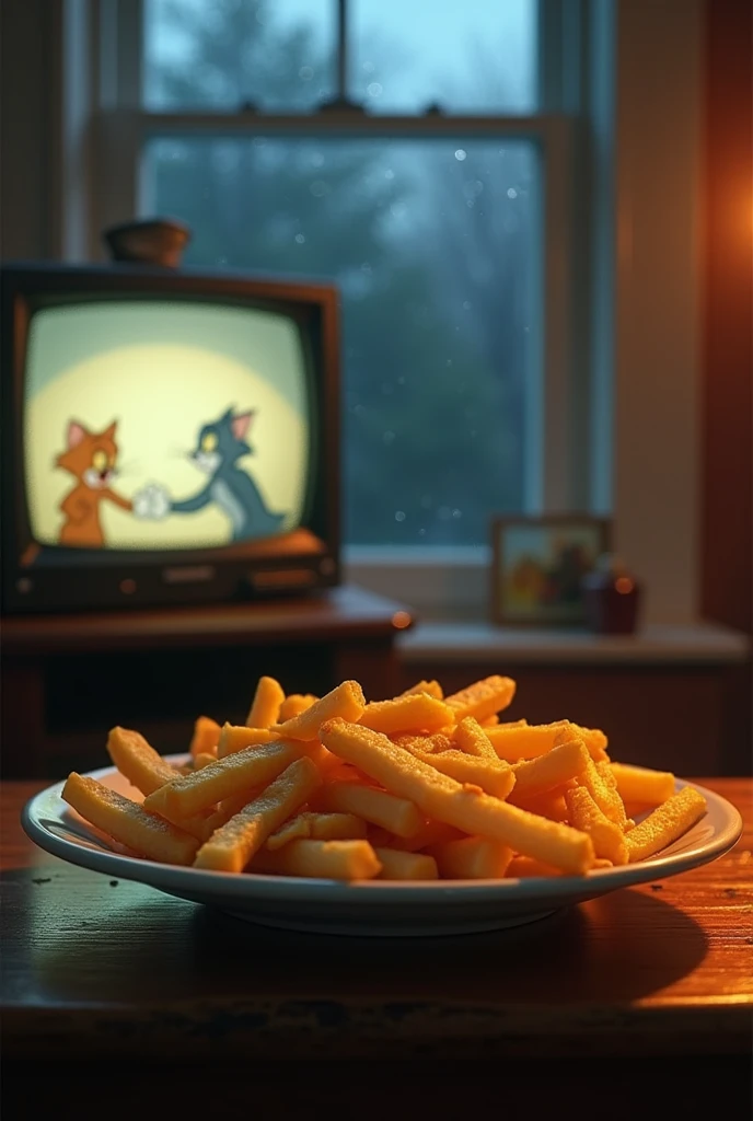 Final Scene: A plate of crispy fries on the counter with the rain still falling outside and Tom & Jerry playing in the background. Text Overlay: Enjoy your homemade fries.