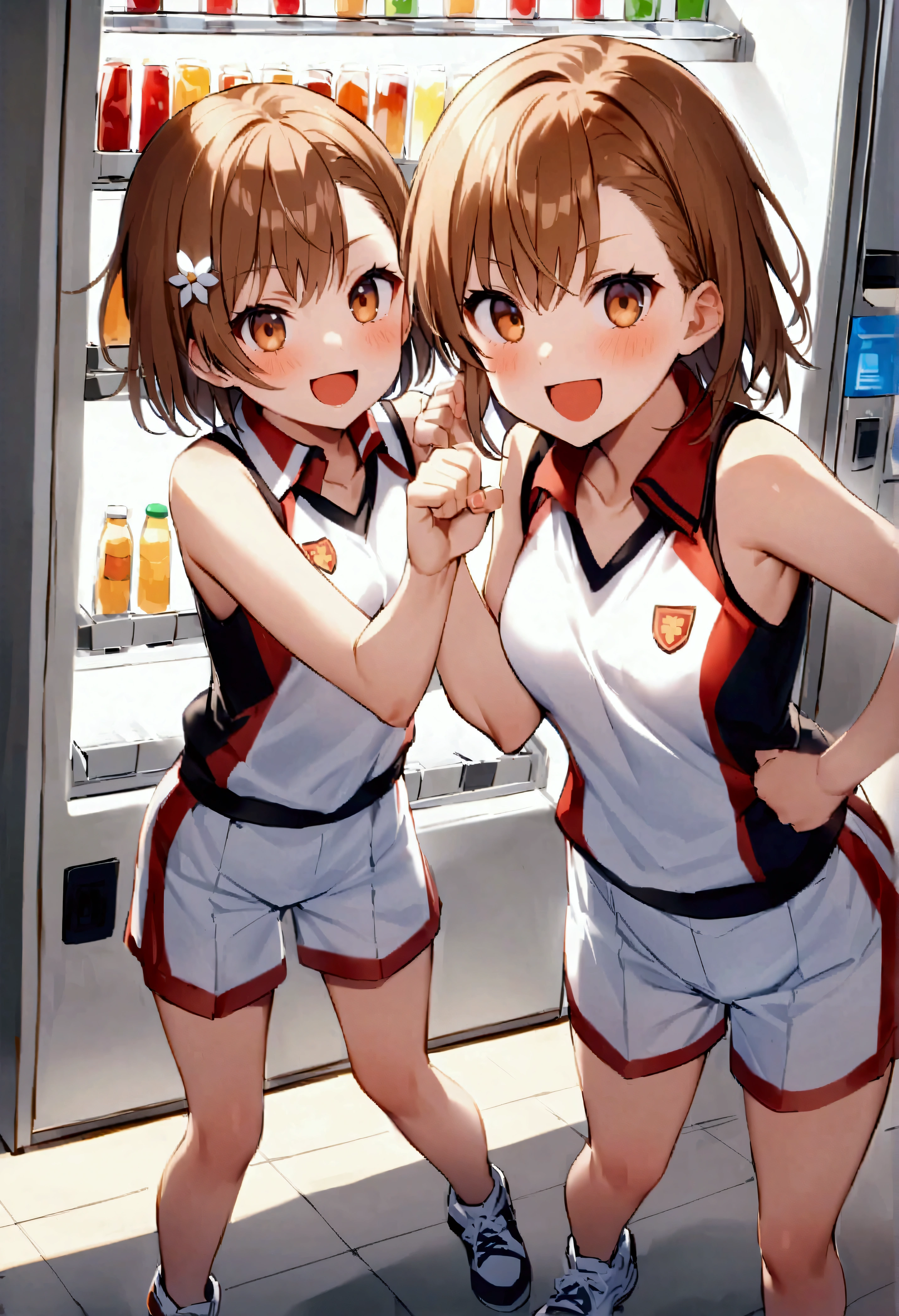 Misaka Mikoto、solo、Vending Machine、Tokiwadai Athletics uniform、Vending Machineに回し蹴り、キックでVending Machineを壊す、電磁崩壊したVending Machineから壊れたようにペットボトルや缶ジュースが大量に溢れ出す意、School emblem、Multicolored Tank Top、Multicolored shorts、White shorts、Loose-fitting clothing、Matching clothes、White shoes、Multicolored shoes、hair ornaments、Brown eyes、Brown Hair、Short Hair、Watching the viewer、Scream、Smile、Medium chest、Are standing、outside、Evasion Pose、Combat Stance、Shooting pose、