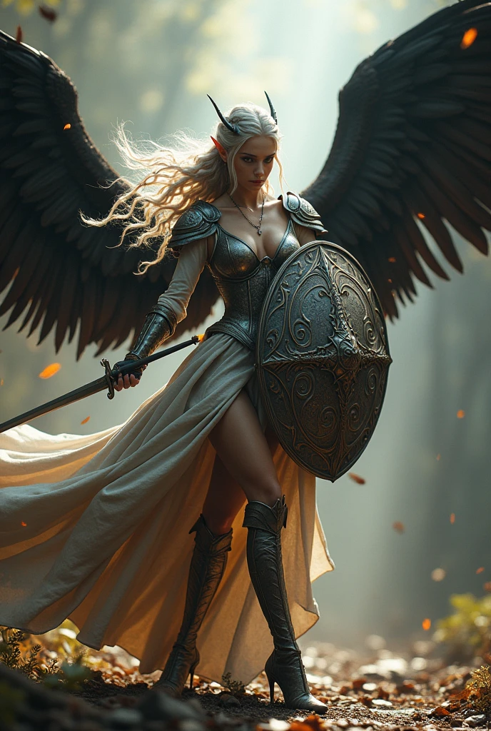 image of a {1elven stunning pose, WARRIOR, iconic attacking stance, swinging sword, photo_model pose, holding sword, bright shining SHIELD, royal regalia robe, perfect proportional anatomy, girl with high heels, silver long hair, multi braid hair, bright shining armor, rain of arrows, battlefight, UHD, intricate detailed, 8k, best quality ever, masterpiece, super detailed, unleashed creativity, beyond imagination, dramatic light, gradient motion color background}, rough, massive bright shining light all over the background, arrows rain, weathered and textured, slow shutter speed motion photography, shot on Fuji Film XT4 camera f/1.2. ISO 200, horned girl, devil horns, elf ears, cleavage, thigh, short skirt, sexy, wide black wings