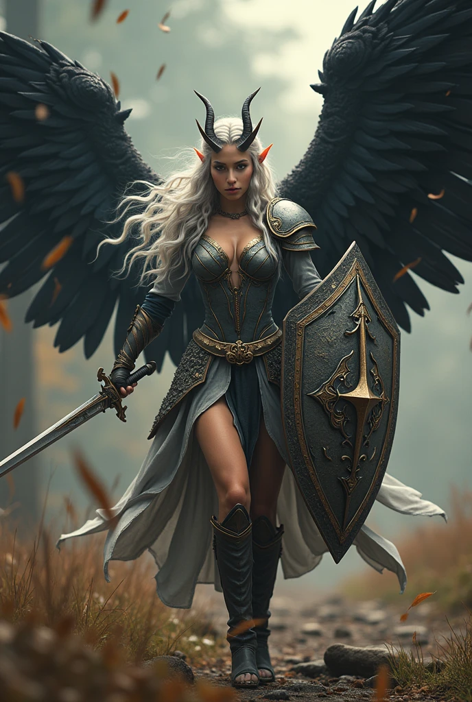 image of a {1elven stunning pose, WARRIOR, iconic attacking stance, swinging sword, photo_model pose, holding sword, bright shining SHIELD, royal regalia robe, perfect proportional anatomy, girl with high heels, silver long hair, multi braid hair, bright shining armor, rain of arrows, battlefight, UHD, intricate detailed, 8k, best quality ever, masterpiece, super detailed, unleashed creativity, beyond imagination, dramatic light, gradient motion color background}, rough, massive bright shining light all over the background, arrows rain, weathered and textured, slow shutter speed motion photography, shot on Fuji Film XT4 camera f/1.2. ISO 200, horned girl, devil horns, elf ears, cleavage, thigh, short skirt, sexy, wide black wings