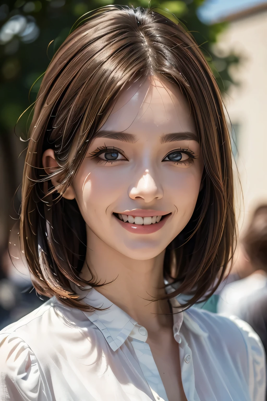 ((masterpiece)), ((Highest quality)), ((Complex)), ((Surreal)), (Realistic), (Mature Woman), ((No classes)), Very detailed, (1 female), Beautiful and exquisite, (Beautiful Teeth), Grin, Brunette bob hair, Brown eyes, ((blouse)), (Upper Body), (background:none), Perfect Eyes, Captivating eyes, Looking at the audience