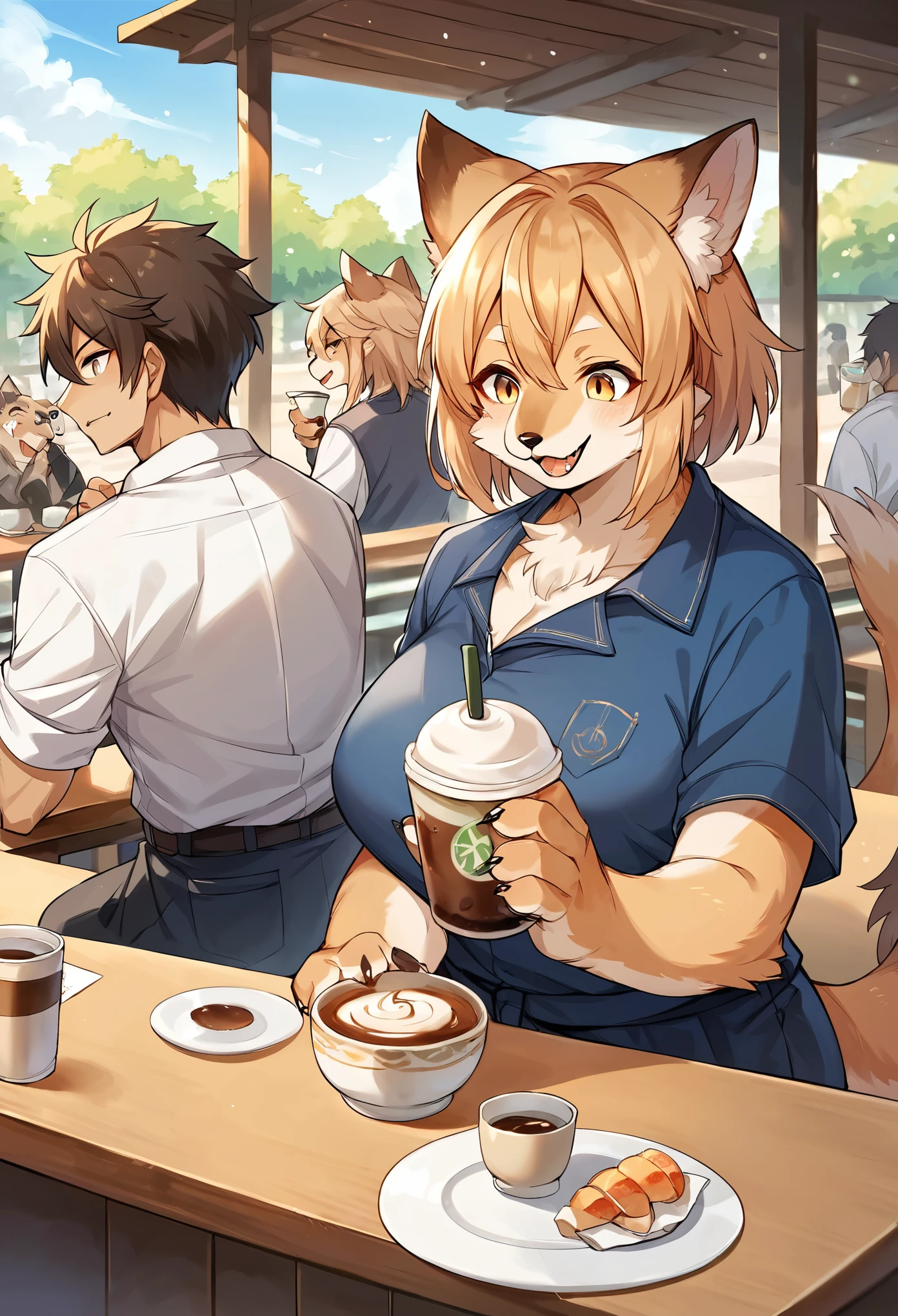 rating_safe, score_9, score_8_up, score_7_up, score_6_up, score_5_up, score_4_up, hires, source_furry(kemono, boy, girl)cafe Terrace, drink, coffee, staff,