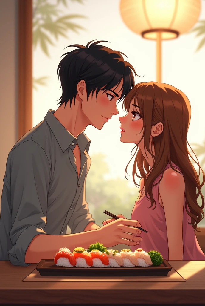 Tall boyfriend, Black Hair, Brown-haired girlfriend eating sushi in anime style.