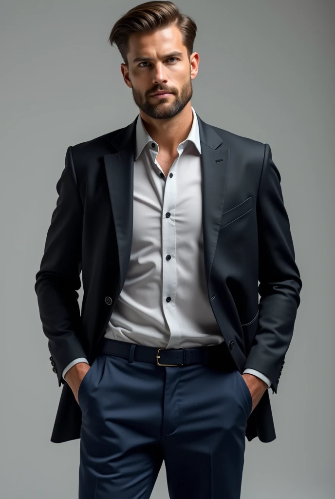 A man wearing silver colour shirt,dark blue pant with black jacket,the jacket button is closed