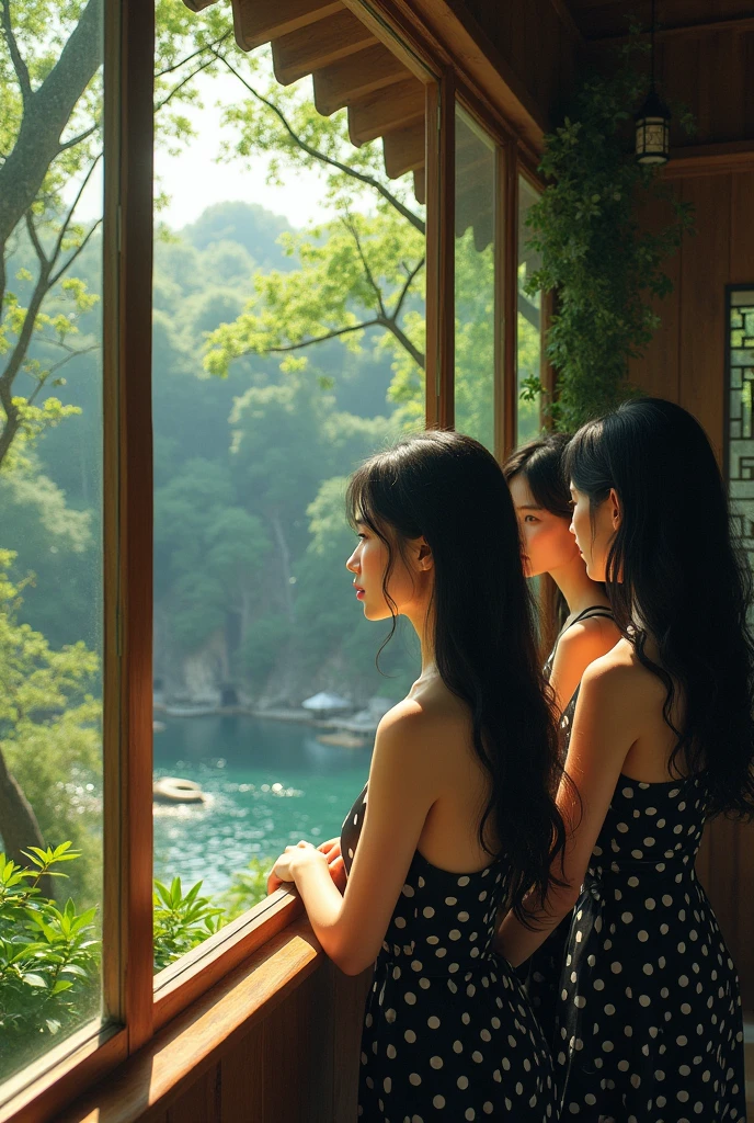 (Close-up of a better masterpiece:1.5)0.9], unique portrait, a wooden house contains a 3 curvy Asian woman, with long wavy black hair, wearing a black polka dot dress, looking out of the window, the house is above the river, green trees, sunlight penetrates through the gaps in the vegetation of the trees