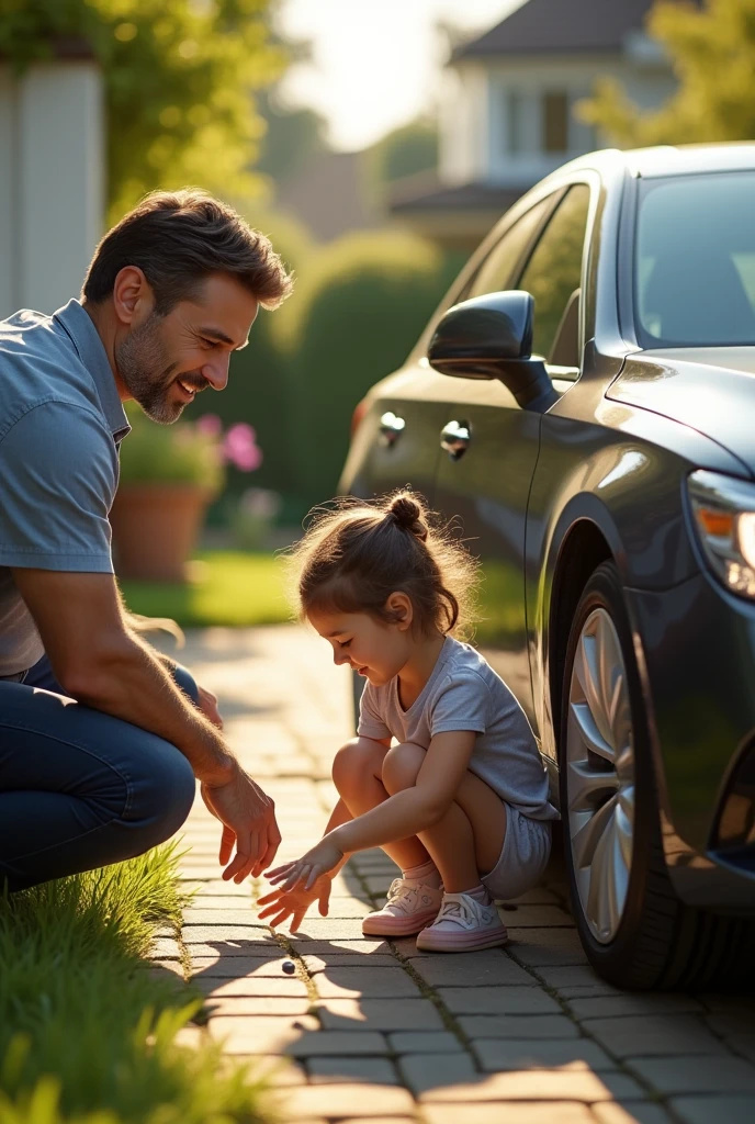 A man polishing his Brand New car meticulously, while his six-year-old daughter innocently plays nearby, picking up stones and scribbling something on the car's side.