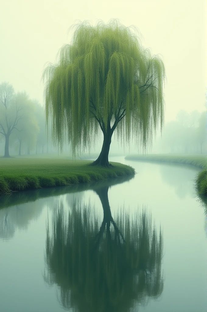 A tranquil image of a calm river with the reflection of a willow tree on the water, evoking a sense of peace and introspection.