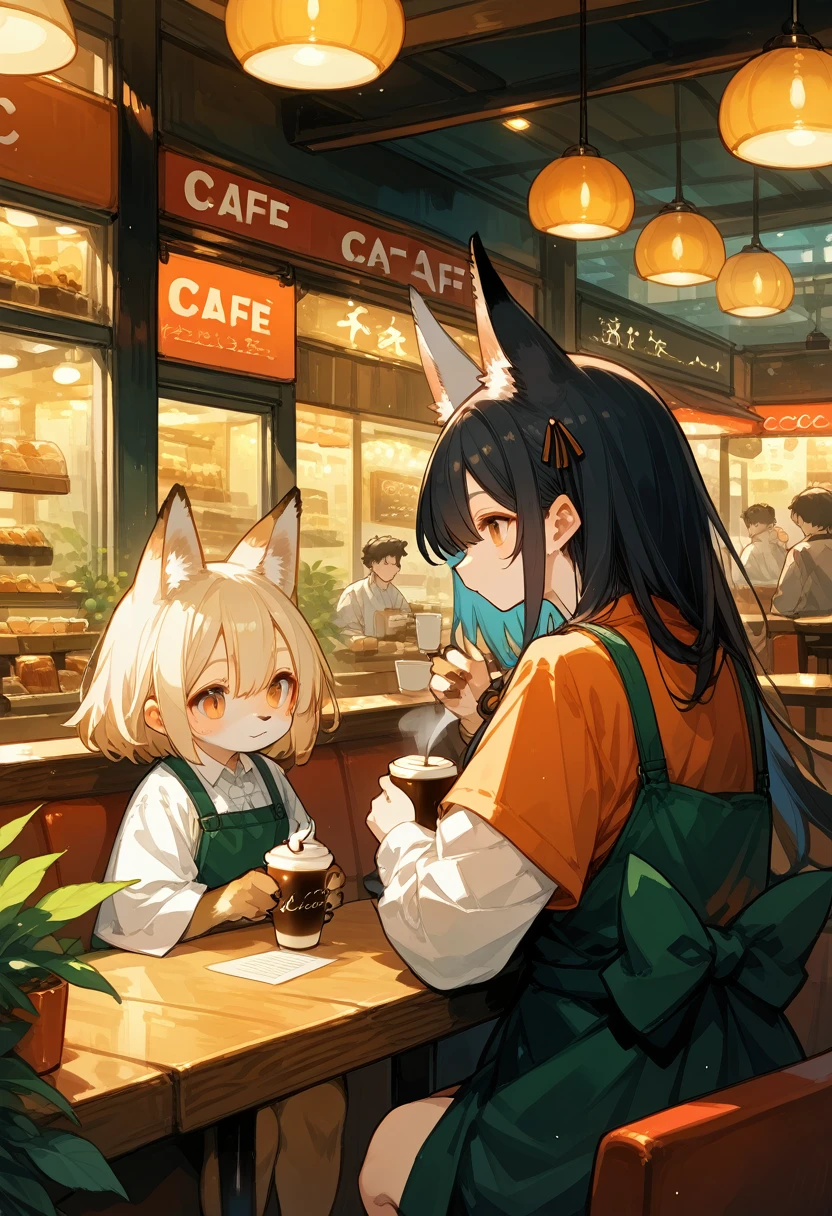 rating_safe, score_9, score_8_up, score_7_up, score_6_up, score_5_up, score_4_up, hires, source_furry(kemono, boy, girl)cafe Terrace, drink, coffee, staff,