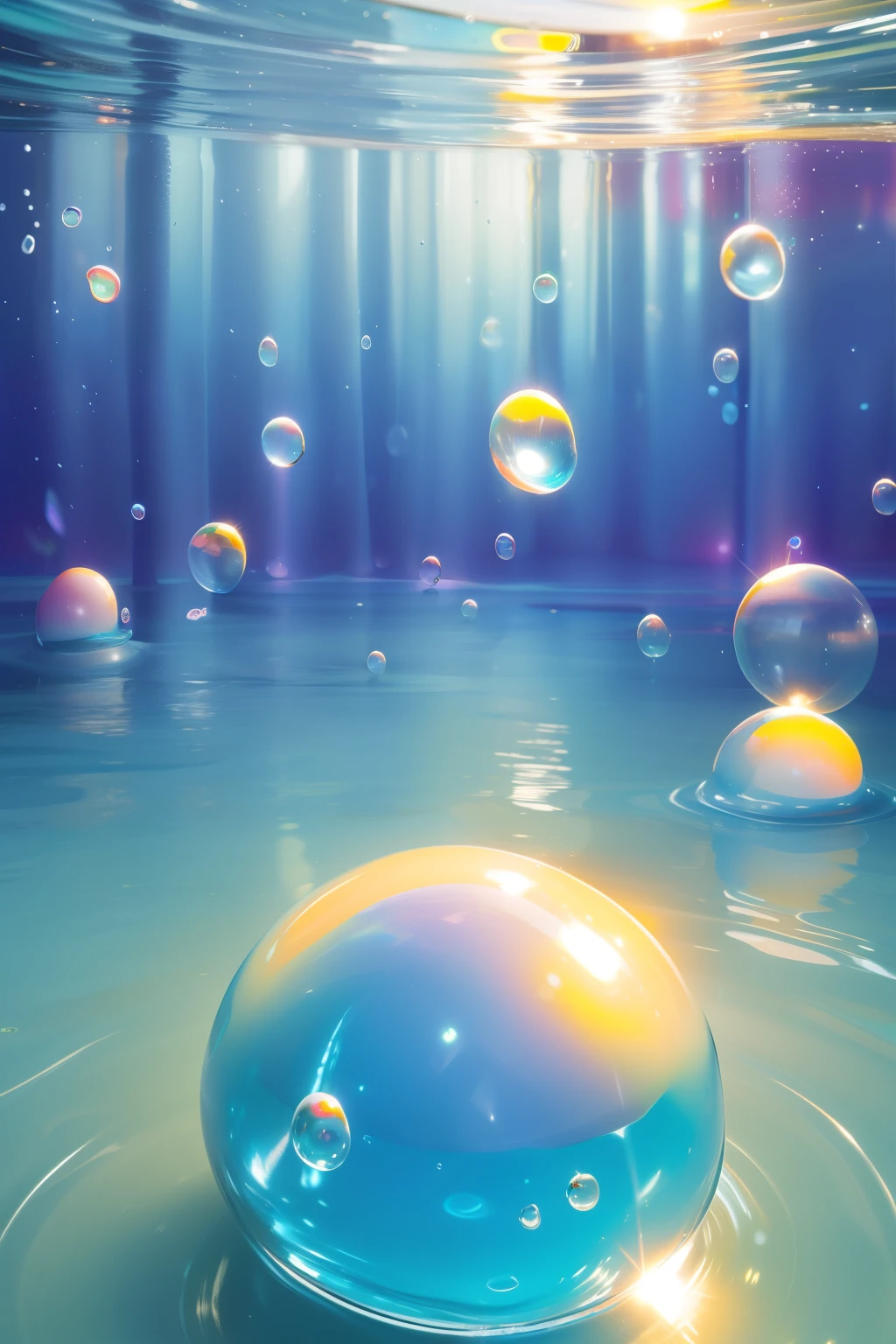 Super wide angle, lake shot from a perspective, super cute slime, reflected light, color bubbles, magical lake, extremely detailed, best quality, soft lighting, fantasy style, bright colors