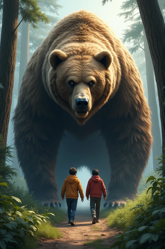 Visual Prompt: A large bear suddenly appears in front of the two friends, blocking their path. The bear should look intimidating with its size and fur details.