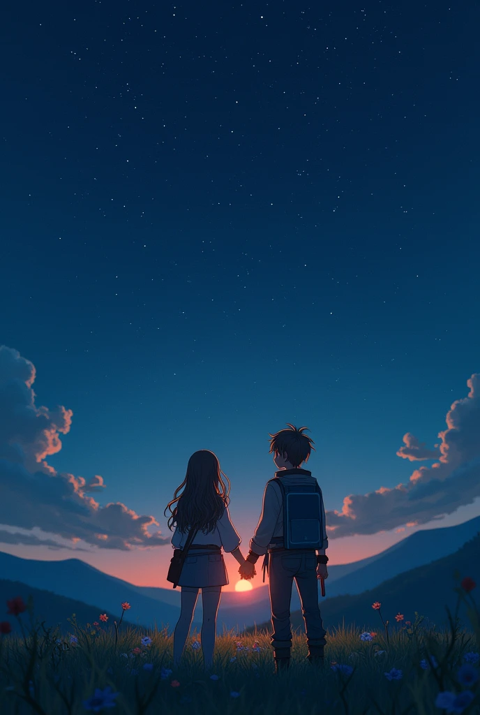 Eironn and Bryon from AFK Journey holding hands as they stargaze together