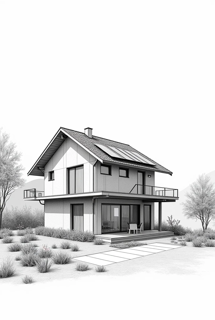 sketch a design of 2 story residential house with solar panel and rain induce using black and white lines
