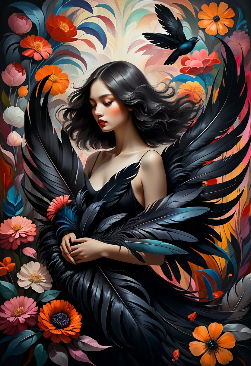 (Sensual illustration chiaroscuro), Illustration art, By Irina Kapi. Surrealism, Vintage Abstraction,  (Girl with black wings), (少女が浮いているPainting:1.2), Esbian all over body、Woman with black feathers, Big feather、Colorful flower garden background、Highest quality, masterpiece, Ultra high definition、Painting, Concept Art, Emotional, Atmospheric, Romantic aesthetics, Represents transformation and the ability to see beyond the surface、Ultra high definition、(deep, Delicate colors) paint (draw) 、最高masterpiece、Highest quality、