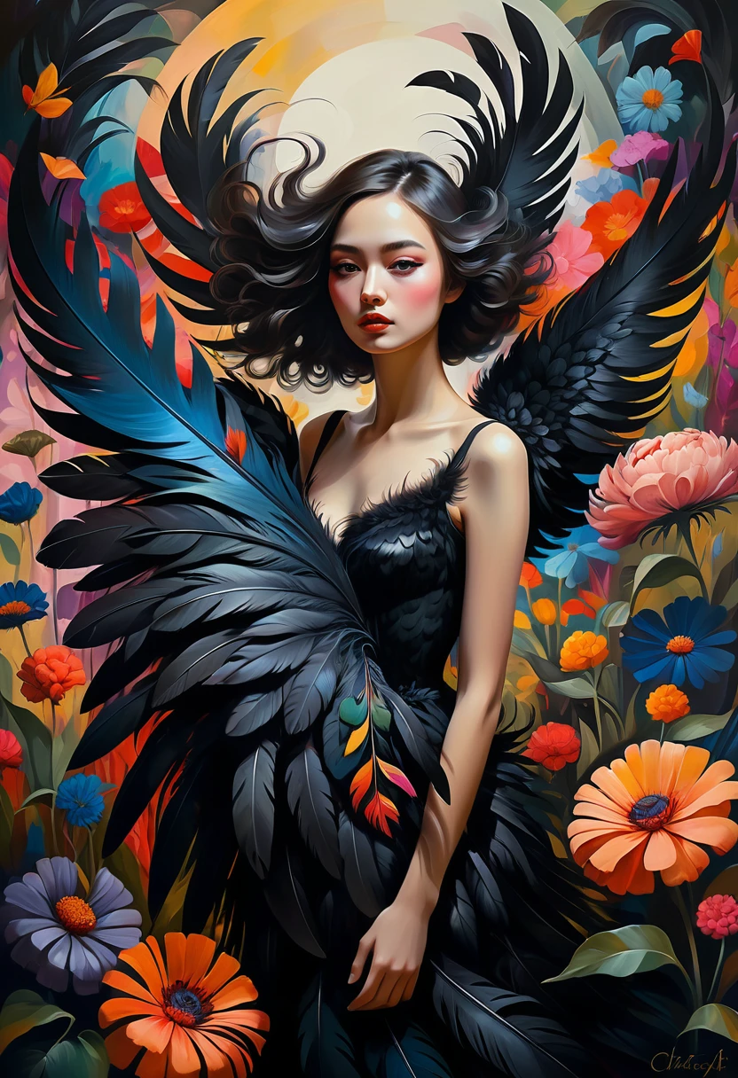 (Sensual illustration chiaroscuro), Illustration art, By Irina Kapi. Surrealism, Vintage Abstraction, (Girl with black wings), (少女が浮いているPainting:1.2), Esbian all over body、Woman with black feathers, Big feather、Colorful flower garden background、Highest quality, masterpiece, Ultra high definition、Painting, Concept Art, Emotional, Atmospheric, Romantic aesthetics, Represents transformation and the ability to see beyond the surface、Ultra high definition、(deep, Delicate colors) paint (draw) 、最高masterpiece、Highest quality、