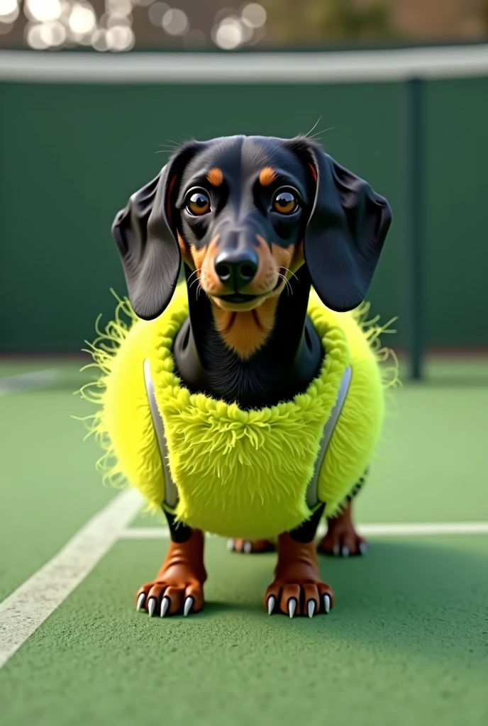 A black short-haired dachshund disguised as a tennis ball