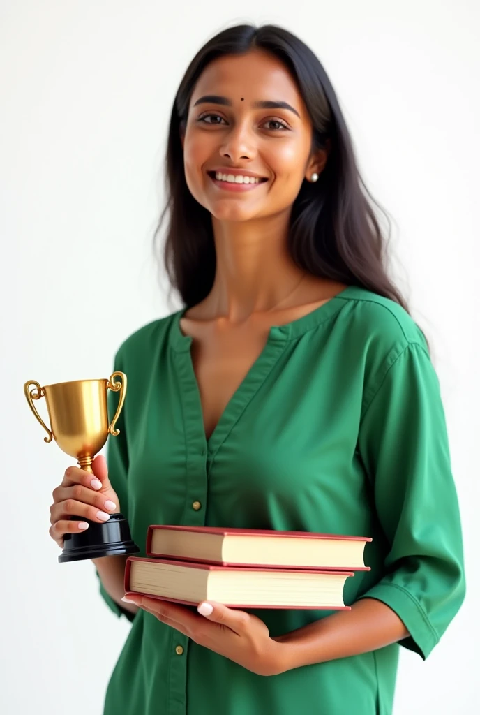A young  indian lady wearing green top  with one hand with trophy and one hand with books and plan white background 