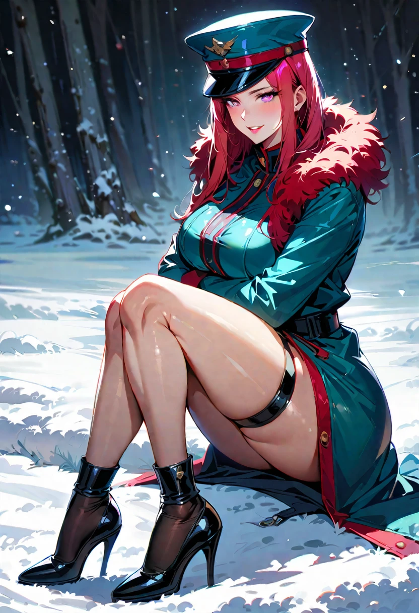 Mature beautiful woman,(Highest quality,Extremely detailed depiction,Incredibly absurd high resolution,Anatomically accurate depiction,Curvy Legs,Shiny skin,Porcelain-like skin,Perfect body),(Sexy female soldier,uniform,High heels,black tights,Hats for the winter,latex,Winter coat),eyelash,Flashy makeup,eye shadow,Intensely glowing purple eyes,Half-closed eyes 1.4,Large Breasts,Glossy pink lips,Shadowed face,A seductive smile,whole body:1.2,(background:Snowfield:1.3),Snow Scene,It&#39;s snowing,Side view:1.3