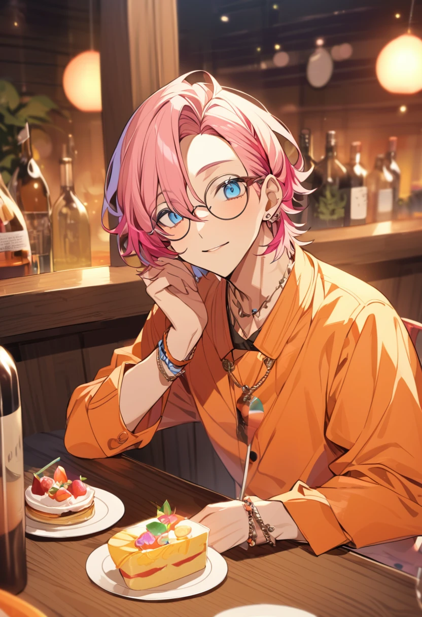 good looking, alone, 1 male, Bob Hair, Pink Hair, , blue eyes, Pink and orange outfit、Stylish atmosphere, Round Glasses、A flirty atmosphere、Nampa Master