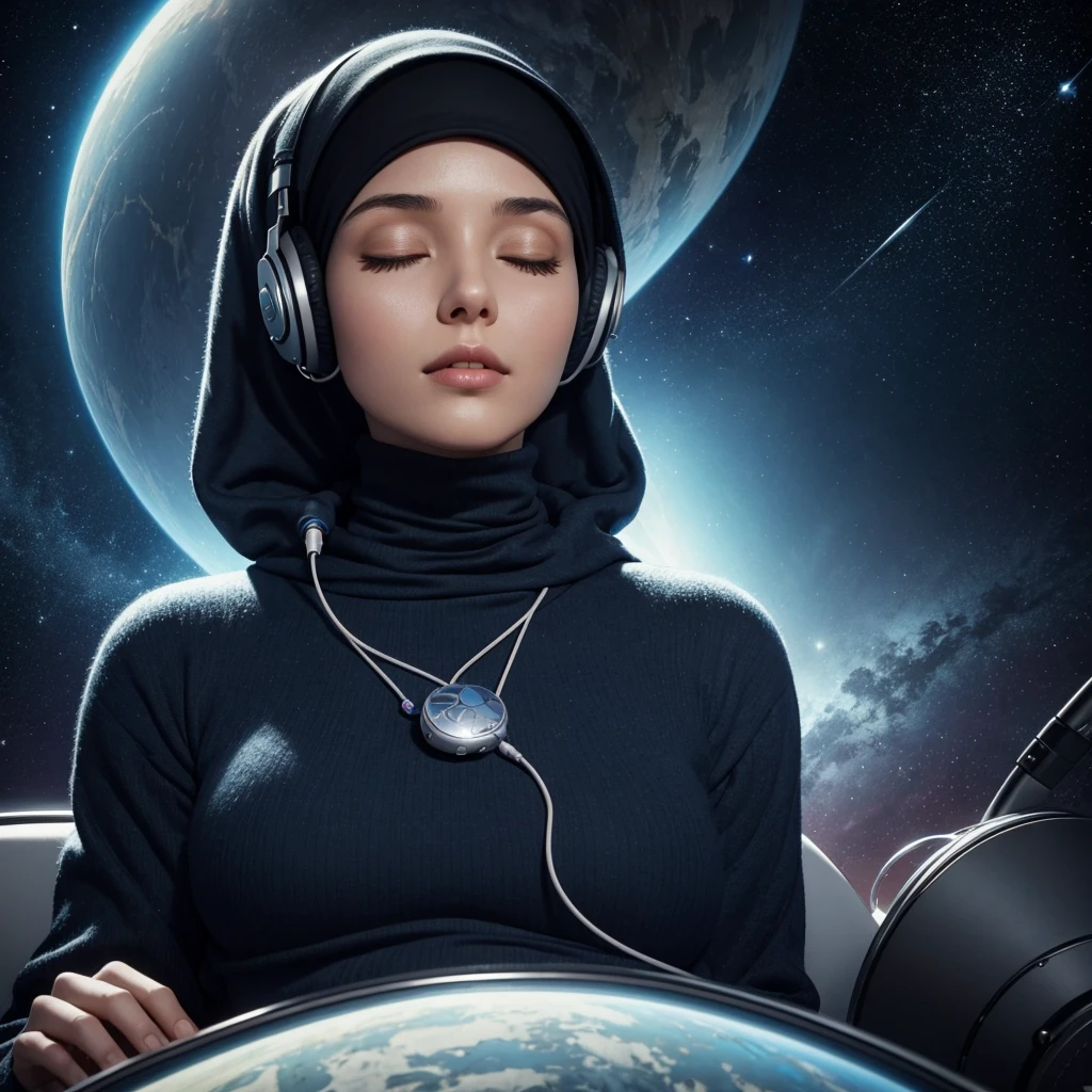 Sleeping in space, woman in 20s, turtleneck, hijab, 4k, relaxing vibe, headphone, detailed face, detailed background.