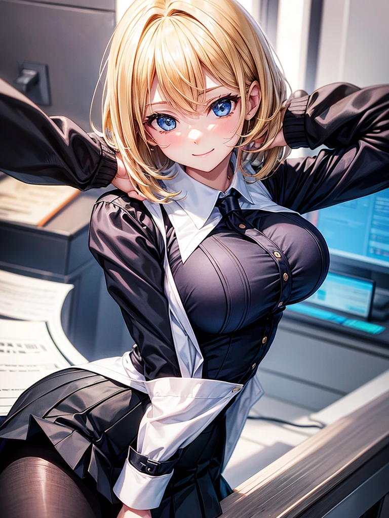 Anime style, super fine illustration, highly detailed, beautiful detailed, super high quality image, static representation, gentle expression, happy expression, the pretty image, the handsam portrait, a perfect style woman, 8k, pretty 1girl with blonde straight short hair & blue eyes & a bright smile & full bust & soft fair skin is a female secretary not to show her skin wearing the business shirt & vest & black tight skirt & black pantyhose in the big office, happy stories, solo, perfect fingers, perfect arms, perfect legs, masterpiece.