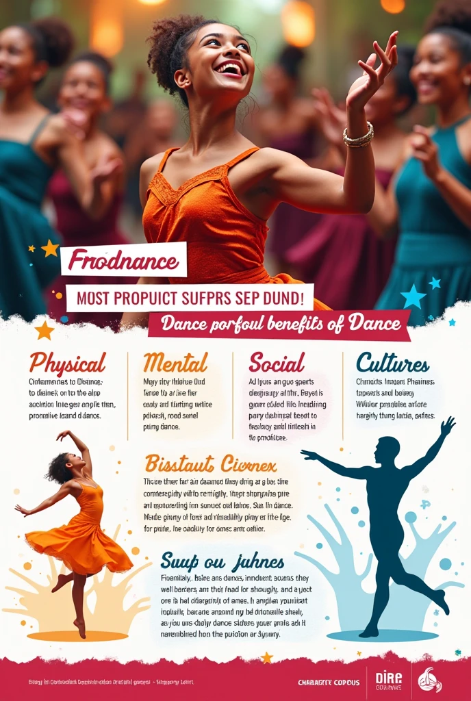 flyer about how dance postively impacts its 4 benefits which are physical, mental, social and cultural 
