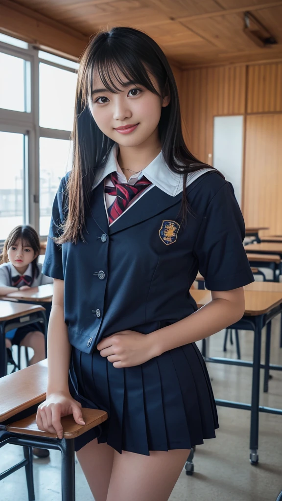 (Highest quality,masterpiece:1.3,Ultra-high resolution),(Very detailed,8k),(Realistic:1.4,RAW shooting)。A cute young woman。Composition above the knees。Hands clasped behind back。The best smile。Small Bust。A cup breasts。Plump figure。Student uniform。Stand in the classroom of school。