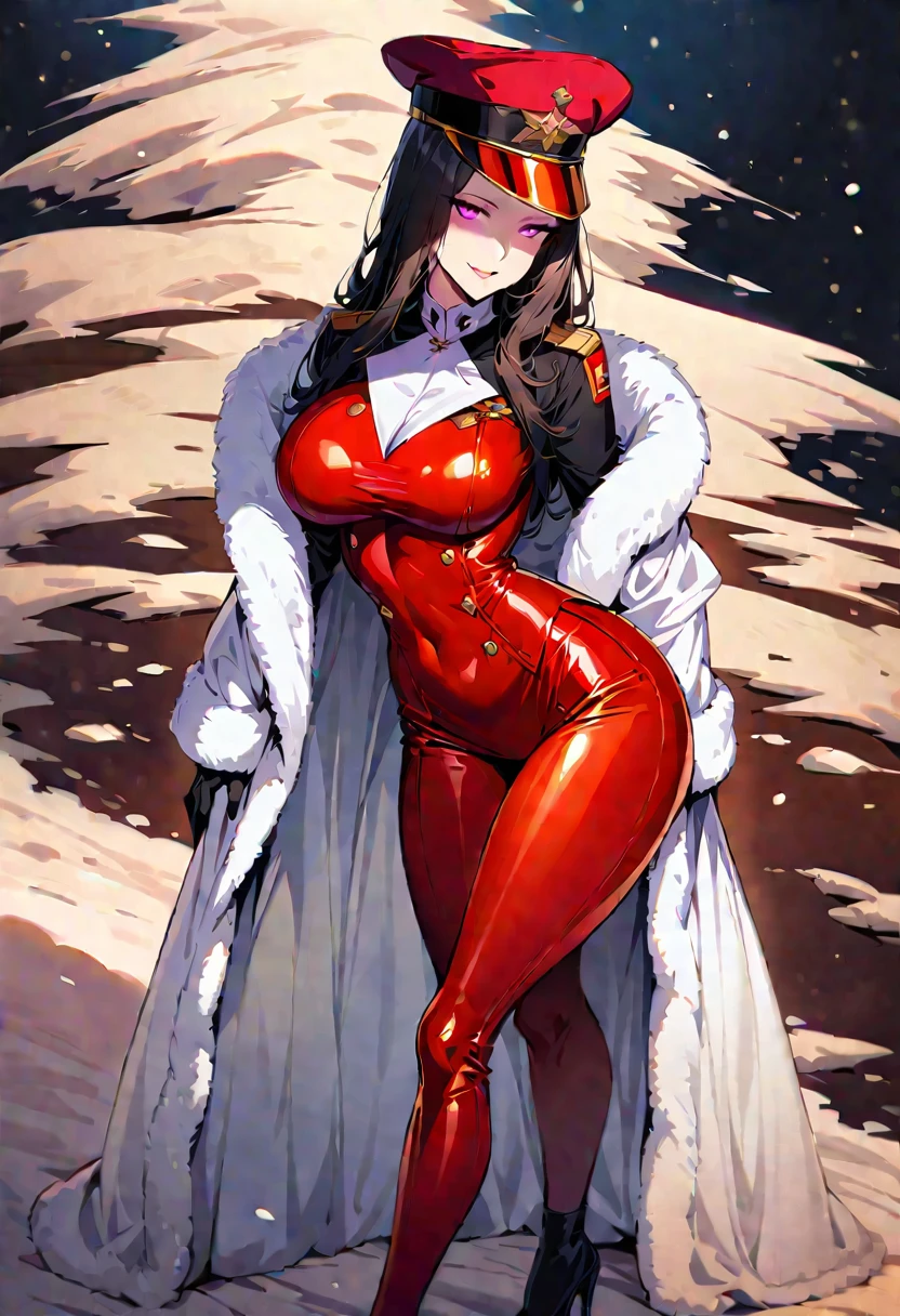 Mature beautiful woman,(Highest quality,Extremely detailed depiction,Incredibly absurd high resolution,Anatomically accurate depiction,Curvy Legs,Shiny skin,Porcelain-like skin,Perfect body),(Sexy female soldier,uniform,High heels,black tights,Hats for the winter,latex,Winter coat),eyelash,Flashy makeup,eye shadow,Intensely glowing purple eyes,Half-closed eyes 1.4,Large Breasts,Glossy pink lips,Shadowed face,A seductive smile,whole body:1.2,(background:Snowfield:1.3),Snow Scene,It's snowing,Side view:1.3