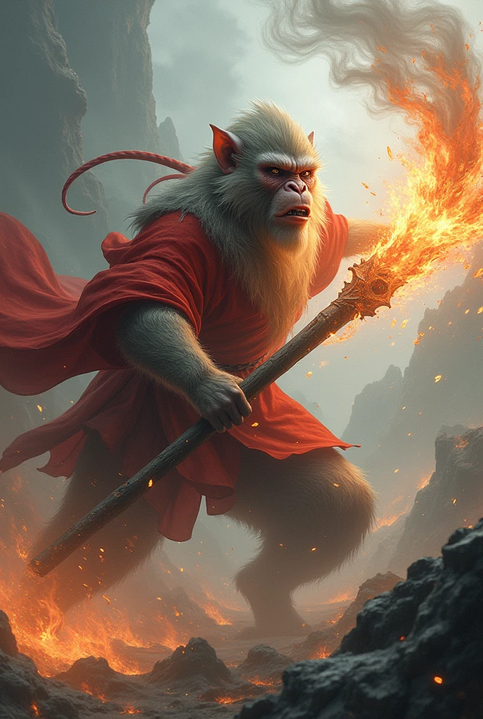 Produce a very detailed and atmospheric view of the magic kerchief fighting with the god erlang. Sun Wukong has an otherworldly appearance, and in his hand swings a magic staff that emits fire, with sharp corners and dense with mist. The creature's face is a Chinese legendary monkey, with sharp corners and very angry towards his opponent, Sun Wukong is an invincible creature with any god