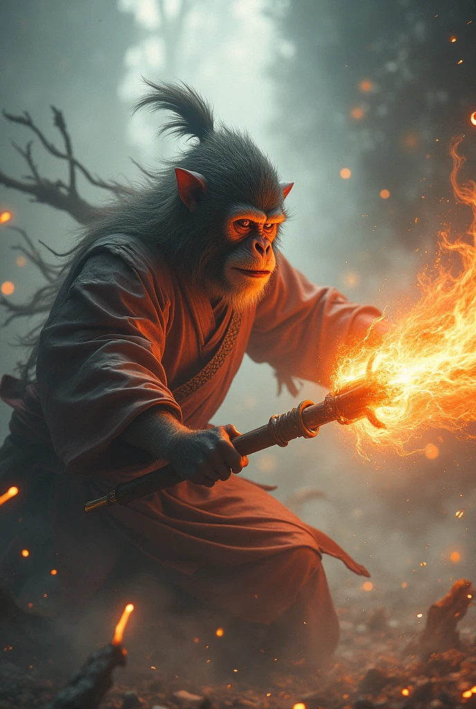 Produce a very detailed and atmospheric view of the magic kerchief fighting with the god erlang. Sun Wukong has an otherworldly appearance, and in his hand swings a magic staff that emits fire, with sharp corners and dense with mist. The creature's face is a Chinese legendary monkey, with sharp corners and very angry towards his opponent, Sun Wukong is an invincible creature with any god