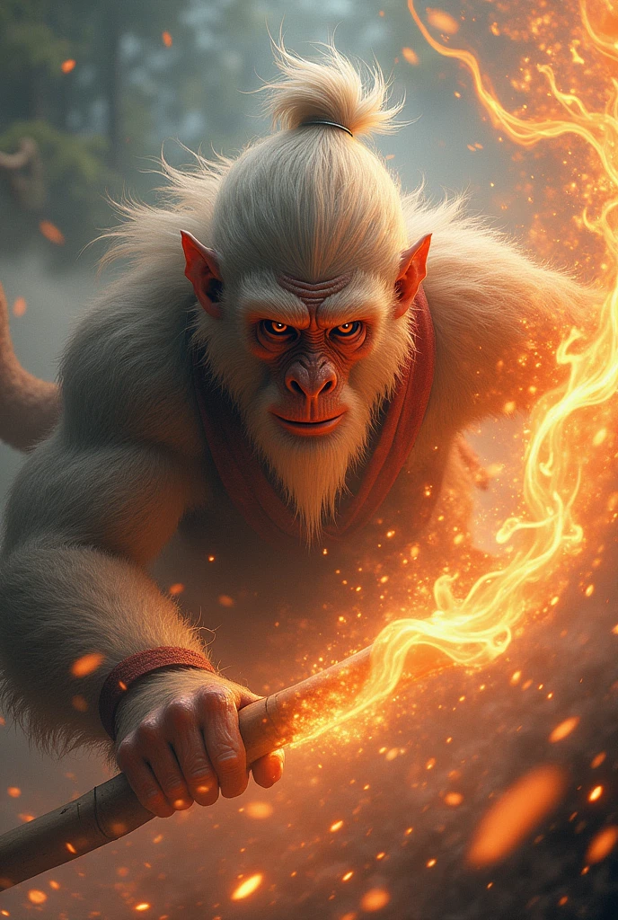 Produce a very detailed and atmospheric view of the magic kerchief fighting with the god erlang. Sun Wukong has an otherworldly appearance, and in his hand swings a magic staff that emits fire, with sharp corners and dense with mist. The creature's face is a Chinese legendary monkey, with sharp corners and very angry towards his opponent, Sun Wukong is an invincible creature with any god