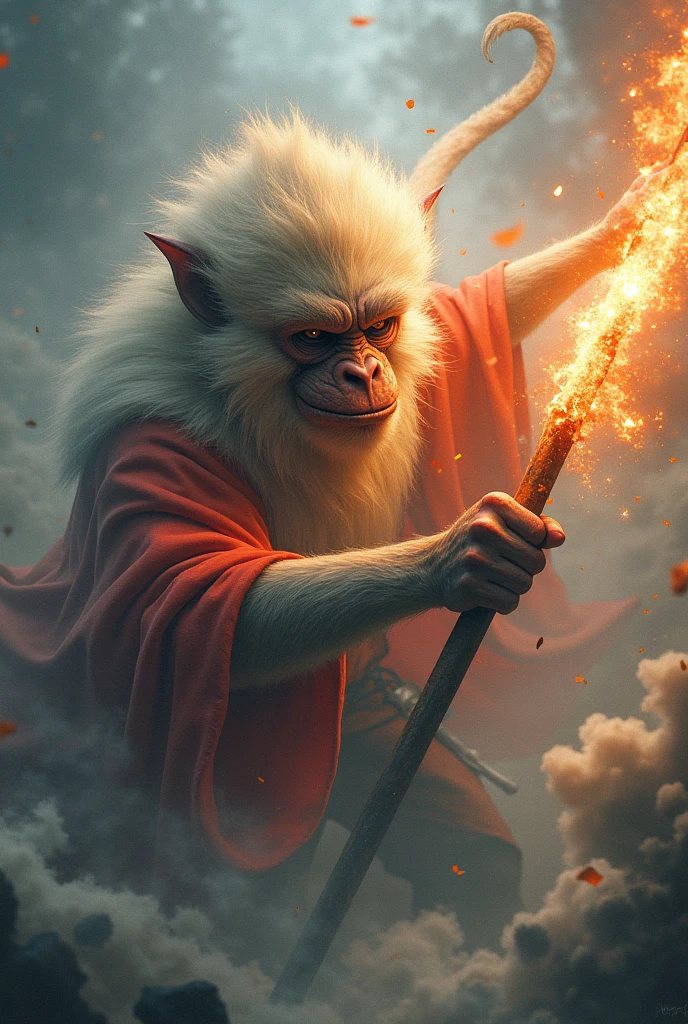 Produce a very detailed and atmospheric view of the magic kerchief fighting with the god erlang. Sun Wukong has an otherworldly appearance, and in his hand swings a magic staff that emits fire, with sharp corners and dense with mist. The creature's face is a Chinese legendary monkey, with sharp corners and very angry towards his opponent, Sun Wukong is an invincible creature with any god