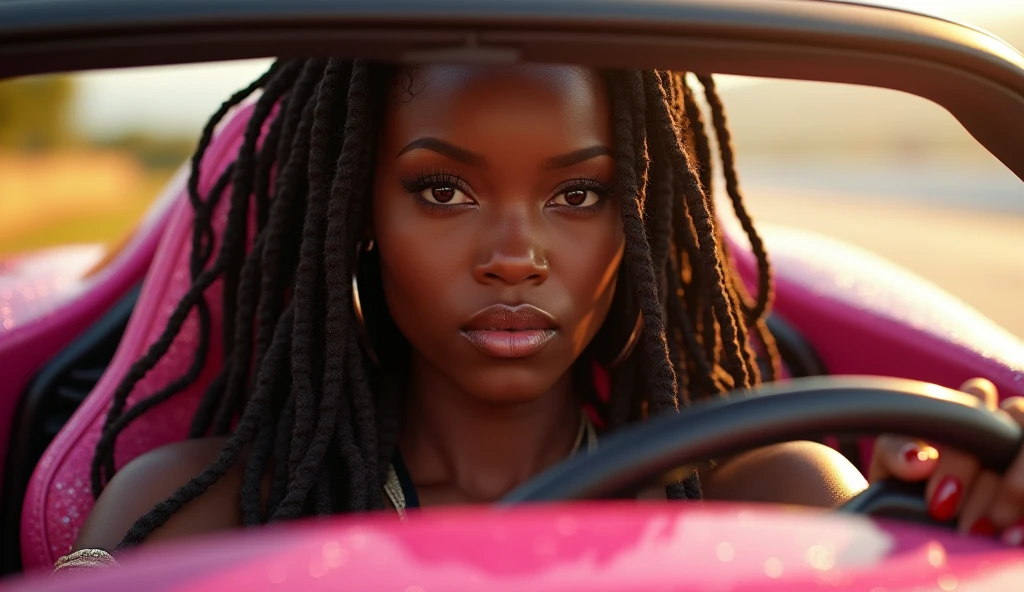 A close up of stunningly beautiful dark skinned African American woman with long brown dreadlocks with highlights on the ends Driving a sparkly pink lamborghini on a beautiful summers day, looking at the camera in a sexy & sensual gaze, realistic, photorealistic