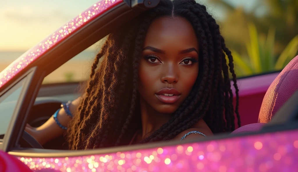 A close up of stunningly beautiful dark skinned African American woman with long brown dreadlocks with highlights on the ends Driving a sparkly pink lamborghini on a beautiful summers day, looking at the camera in a sexy & sensual gaze, realistic, photorealistic
