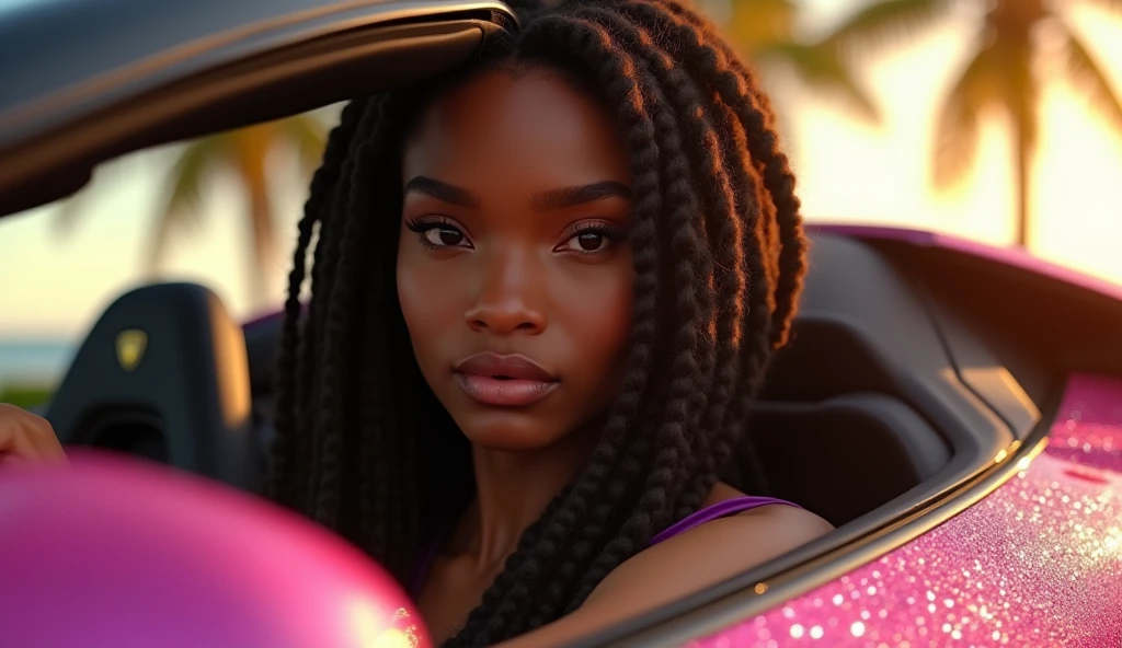 A close up of stunningly beautiful dark skinned African American woman with long brown dreadlocks with highlights on the ends Driving a sparkly pink lamborghini on a beautiful summers day, looking at the camera in a sexy & sensual gaze, realistic, photorealistic
