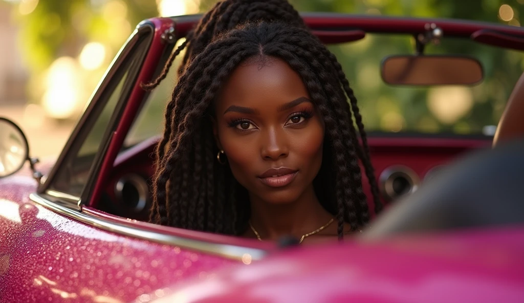 A close up of stunningly beautiful dark skinned African American woman with long brown dreadlocks with highlights on the ends Driving a sparkly pink lamborghini on a beautiful summers day, looking at the camera in a sexy & sensual gaze, realistic, photorealistic