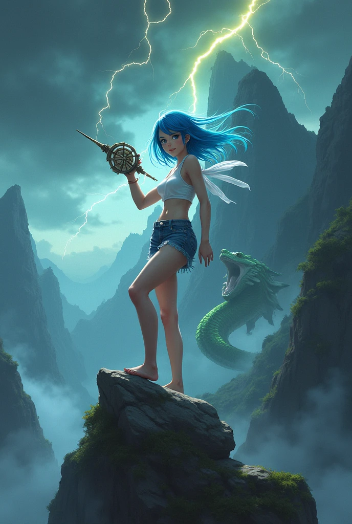 Blue-eyed Javanese girl. Bright blue hair. . Has a flat round radar-like tool in his right hand. dressed in white. Beautiful. Very realistic. cheerful. Set on a cliff edge mountain peak.there is a green dragon snake behind him. The dark sky with yellow lightning strikes surrounding the dragon..the girl is wearing short jeans.