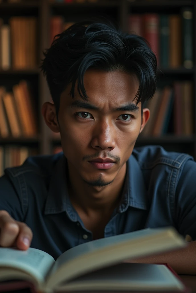 an Indonesian man, 2, Is in a library with dramatic lighting, books scattered nearby, handsome face, photorealistic, 4k, high quality,
