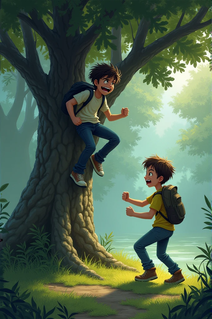 Visual Prompt: One friend quickly climbs up a nearby tree, looking scared, while the other friend stands frozen in fear on the ground.