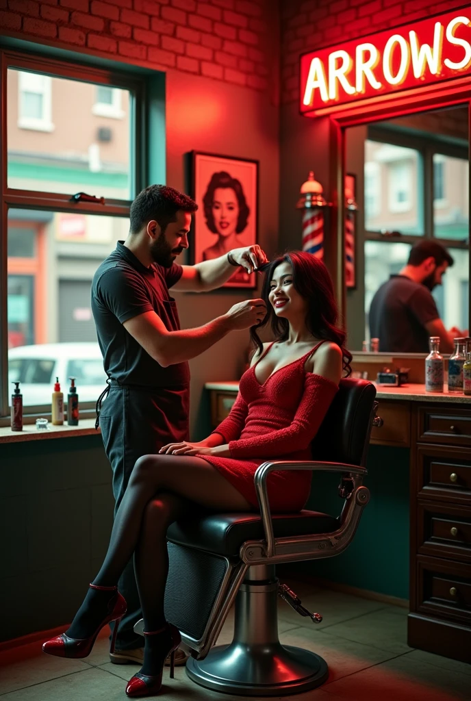 Retro Barber Shop, Barbershop in Brooklyn, New York, window, mirror, Portrait poster, Faded red brick wall,high quality, masterpiece, 「ARROWS」Neon sign with words in capital letters, A barber pole hanging on the wall, Two people, Man with a beard,apron, Have a comb, combing, Black Hat (Beautiful woman, sexy, Wear red high heels, Asian, Beauty, Red Lip, Knitted dress, Black knitted tights, stockings, Long Hair, Beautiful eyes, smile, teeth, Blushing Sitting in a swivel chair, Curvaceous figure, Attractive feminine curves, Woman crossing legs)