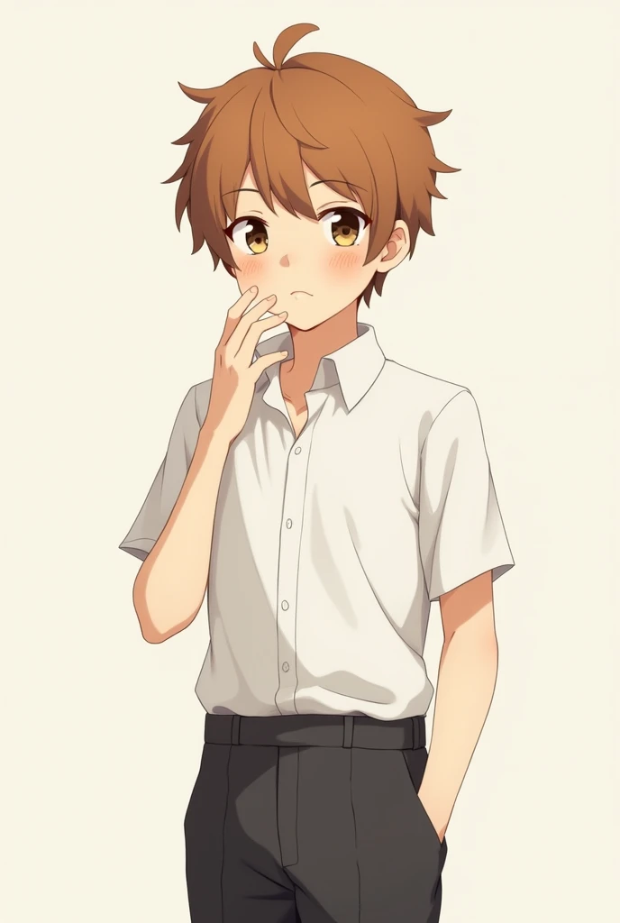 Anime boy with brown hair looking at the camera full body