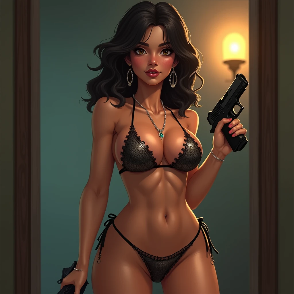 Blackwidow look like young aunty big breast wear bikni on hand gun
