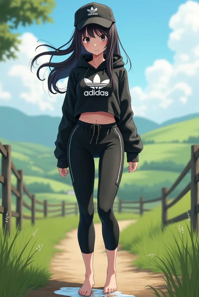 (photorealism:1.2), sexy anime girl, long black hair, black eyes, barefoot, wear black adidas cap, wear black adidas hood, wear black adidas hot pants, background is countryside, stepped on dog poop