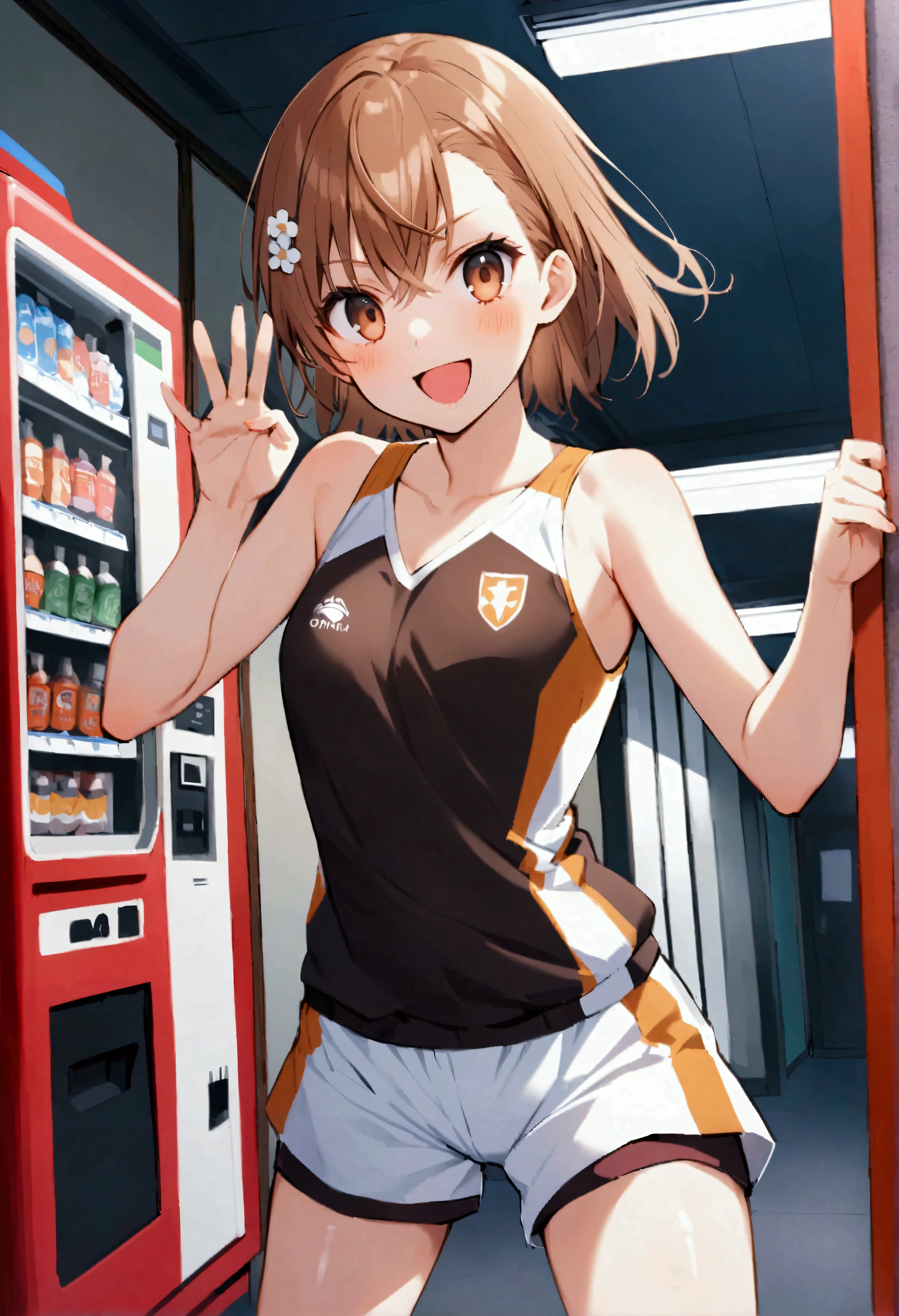 Misaka Mikoto、solo、1 person、Single、Vending Machine、Tokiwadai Athletics uniform、Vending Machineに回し蹴り、キックでVending Machineを壊す、電磁崩壊したVending Machineから壊れたようにペットボトルや缶ジュースが大量に溢れ出す意、School emblem、Multicolored Tank Top、Multicolored shorts、White shorts、Loose-fitting clothing、Matching clothes、White shoes、Multicolored shoes、hair ornaments、Brown eyes、Brown Hair、Short Hair、Watching the viewer、Scream、Smile、Medium chest、Are standing、outside、Evasion Pose、Combat Stance、Shooting pose、