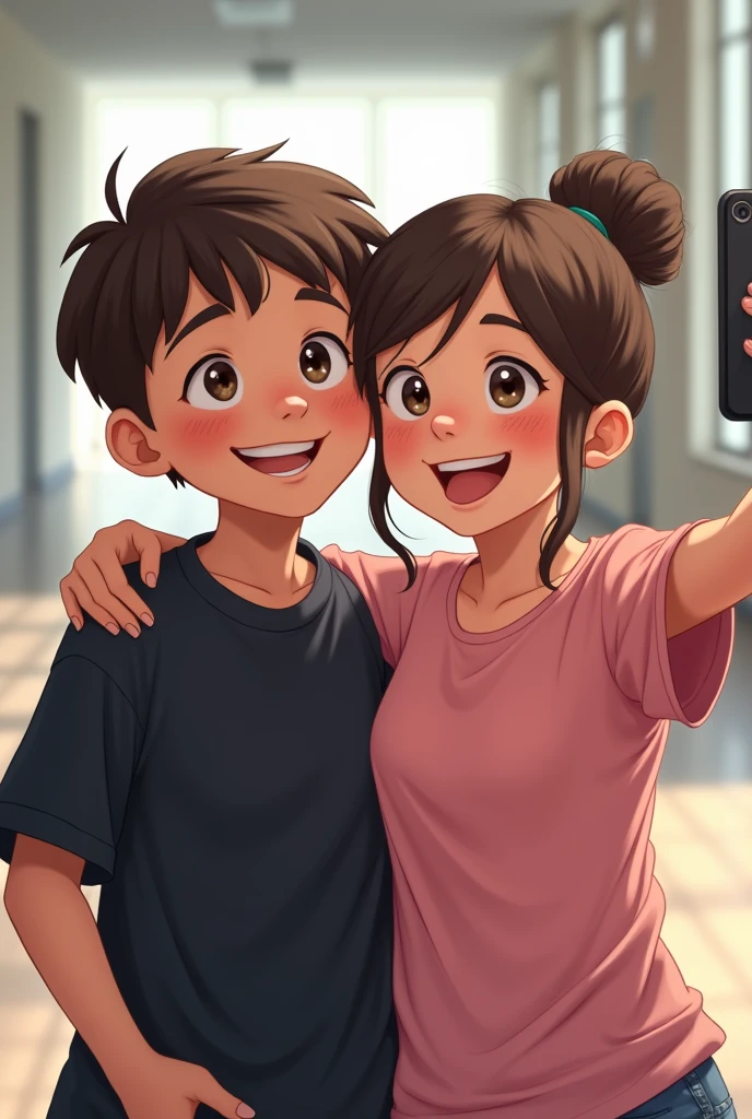 A boy in black shirt and a girl in pink messy bun shirt .girl is taking a selfie with him. They both are standing in a hall and the boy has dimples and has his hands on his knees and their cheeks are touching and smiling