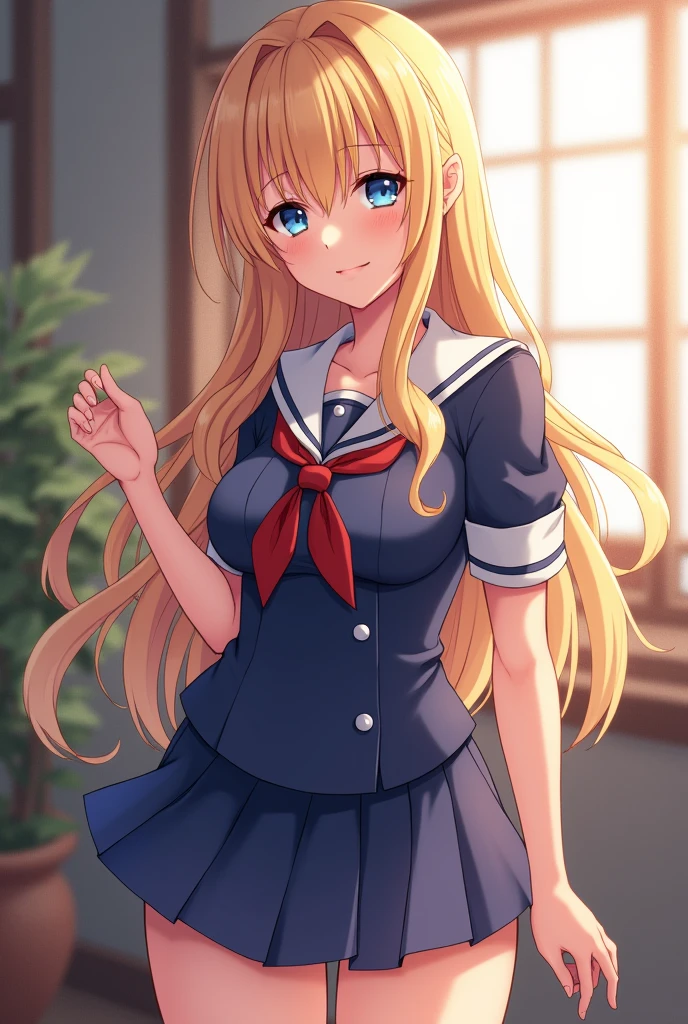 Beautiful girl wearing Japanese school uniform and her short skirt as well as sexi, has long yellow hair and beautiful blue eyes, and is ideally busty