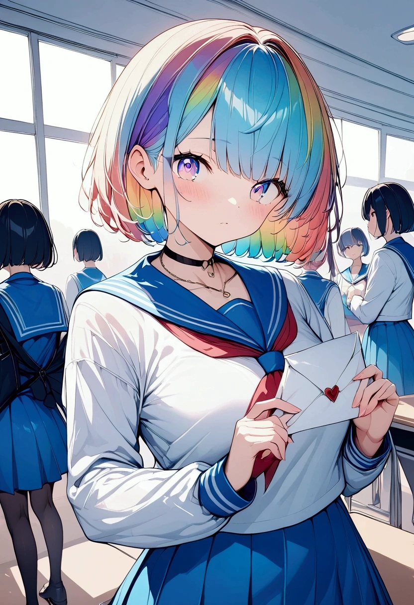 (((anime))) One Woman,Hand over the letter,With both hands,Gal,Short Hair,Messy short bob,(Rainbow Hair),Oblique bangs,One eye is hidden,Blushing,necklace,avert your eyes,Rainbow Eyes,Big eyes Sailor suit,Volume sleeve,classroom,sunlight,masterpiece,Highest quality,Exquisite,8k,Absurd,Ultra-fine illustrations,(View your audience)